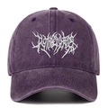 Close-up of deep purple washed cotton baseball cap with white gothic letter embroidery - Purple