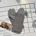 Light grey winter knit gloves for women featuring clover embroidery and crystal flower detail - Gray