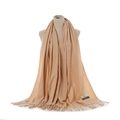 Detailed view of the solid color cozy warm tassel cashmere feel scarf for women winter. - Beige