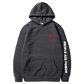 Detail of People Are Poison slogan on charcoal grey hoodie sleeve with red rose print - Dark Grey 344