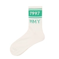 White cotton mid-calf street style socks with green 1997 HMY print and stripes - 31 (1997 Typography)