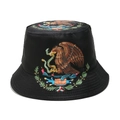 Close-up of Mexico flag eagle embroidery with 3D stitching on black cotton bucket hat - M (56-58cm) / Black Mexico Emblem Embroidery (C)