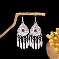 Vintage silver alloy earrings with teardrop design, red beads and leaf fringe tassels - E2423-3 Red Teardrop Tassel
