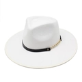 Weißer Fedora-Hut aus Wollfilz mit schwarzem Lederband und goldener Kette für Damen und Herren - Weiß