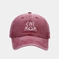 Detail of washed burgundy cotton baseball cap featuring CAT MOM embroidery and cat whiskers - Adjustable / Burgundy
