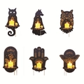 Böhmisches Set aus schwarzen Holz-Kerzenhaltern mit mystischen Mond- und Sterngravuren - 6er Set