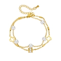 Double-layered gold titanium anklet with white pearls, clover charms and zircon stone - Double Layer Clover Lucky Bead Style (N403) / Gold