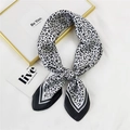 Elegant black and white leopard print satin silk scarf tied in a stylish knot - 29 Small Leopard Frame White