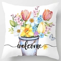 Detail of floral peach skin pillowcase featuring watercolor flowers and welcome text - 45x45cm(Cover Only) / Welcome Style (LTD351-1)