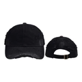 Vue avant et arrière d'une casquette de baseball noire en coton avec détails déchirés - Casquette de Baseball en Denim Vieilli Noir