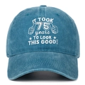Macro detail of 75th birthday embroidery on vintage washed cotton baseball cap - Lake Blue