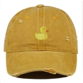 Detail of yellow duck embroidery on vintage washed distressed mustard baseball cap - One Size / Orange