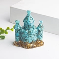 Blue turquoise crystal resin castle figurine with gold foil accents for desk decor - Turquoise