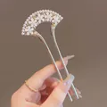 Épingle à cheveux dorée en éventail avec perles blanches et fleurs délicates - Petites Fleurs de Perles en Éventail (84#)