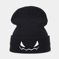 Black knitted beanie hat with white embroidered devil face expression for Halloween - M (56-58cm) / Black