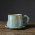 Handcrafted turquoise ceramic coffee cup and saucer with brown vertical stripes - Coffee Cup And Saucer - Plain Blue 310ml / Universal