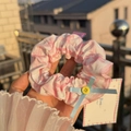 Pink checkered scrunchie with blue ribbon bow and yellow button detail accessory - Pink White Plaid Scrunchie with Blue Bow and Yellow Button
