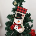 Linen Christmas stocking with red buffalo plaid cuff and 3D snowman doll decoration - Snowman Buffalo Plaid