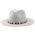 Grey Panama straw hat featuring a bohemian rope band with sea shells and wooden beads - Gray