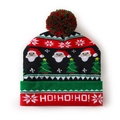 Christmas LED knitted hat with Santa and tree motifs featuring HO HO HO text - 3 Santa Heads