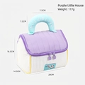 Quilted house-shaped cosmetic bag in purple and white with a cute cartoon bear zipper pull - Purple Makeup Bag
