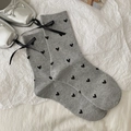 Gray cotton crew socks featuring black heart patterns and ribbon bow details - One Size / Light Grey Ribbon