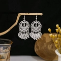 Ethnic style silver-toned peacock leaf tassel earrings with hollow mesh round design - Silver Ring Leaf Tassel Style 2(E2873-36)