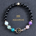 Aquarius zodiac bracelet with matte black beads, colorful stones, and gold star charm - Aquarius-Obsidian