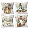 Set van 4 kerstkussenhoezen met prints van de Kerstman en rendieren op wit linnen - Sneeuw Rendier Kerstman / 4-delige Set / Broken Wit
