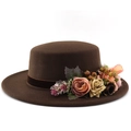 Elegant dark brown felt boater hat featuring vintage floral roses and velvet band accents - M (56-58cm) / Coffee
