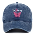 Navy blue denim baseball cap featuring pink breast cancer ribbon and Believe embroidery - Adjustable / Navy Blue