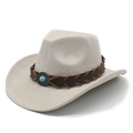 Close-up of beige suede jazz hat with brown leather band and turquoise stone detail - M (56-59cm) / Beige (Suede)