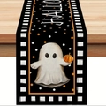 Detail of Halloween ghost and pumpkin pattern linen table runner with checkered border - Ghost Pumpkin Polka Dot Plaid Edge