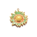 Golden stainless steel sunflower charm with green and orange enamel petal details - Cyan