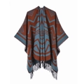 Winter geometric shawl in brick red and blue-grey with black fringe tassels - Tassel Big Wave Orange