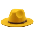 Classic yellow wool fedora hat with wide brim and brown leather belt buckle detail - M (56-58cm) / Yellow