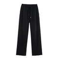 Women's black linen blend wide leg trousers with elastic drawstring waist for casual comfort - XS / Pants