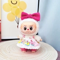Labubu doll outfit with pink bow and colorful patterned dress in variant style - Pink Childhood Set / First And Second Generation Keychains Are Compatible With La Cloth Dolls. Dolls Not Included.