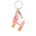 Pink resin letter H keychain with gold leaf, pink tassel and golden metal hardware - Pink Gold Foil H