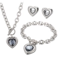 Silver stainless steel jewelry set with heart crystal pendant and OT toggle clasp - Silver 3-Piece Set - Dark Grey Gem (KS193454-Z)