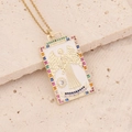 Vintage gold tarot pendant necklace with white enamel angel and colorful zircon stones - Temperance