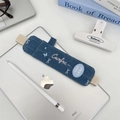 Detail of blue denim stylus pen holder with elastic band on an iPad case - Dark Blue Bow