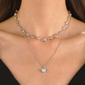 Double-layered silver necklace featuring a winged heart pendant and zircon accents - Double Layer Winged Heart Necklace (A-295) / Silver