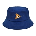 Detail of cartoon bear embroidery on navy blue cotton bucket hat with clean stitching - M (56-58cm) / Dark Blue