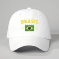 White Brasil baseball cap with adjustable strap featuring yellow text and flag design - One Size / White