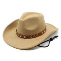 Sombrero de vaquero de lana caqui con banda de cuero con remaches y cordón ajustable - M / Camel