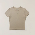 Slim fit khaki ribbed knit T-shirt with cross emblem logo on a plain beige background - XS / Shadow Greyish Green