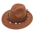 Close-up of ethnic embroidered ribbon and silver coin charms on a brown felt fedora hat - M (56-58cm) / Khaki