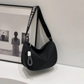 Minimalist black nylon crossbody crescent bag with printed wide shoulder strap - Pure Black Without Pendant