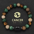 Detailed top view of Cancer zodiac bracelet with tiger eye beads and agate on black sand - Cancer